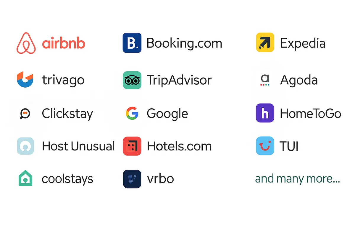 Booking platforms we list on: airbnb, Booking.com, Expedia, trivago, TripAdvisor, Agoda, Clickstay, Google, HomeToGo, Host Unusual, Hotels.com, TUI, coolstays, vrbo