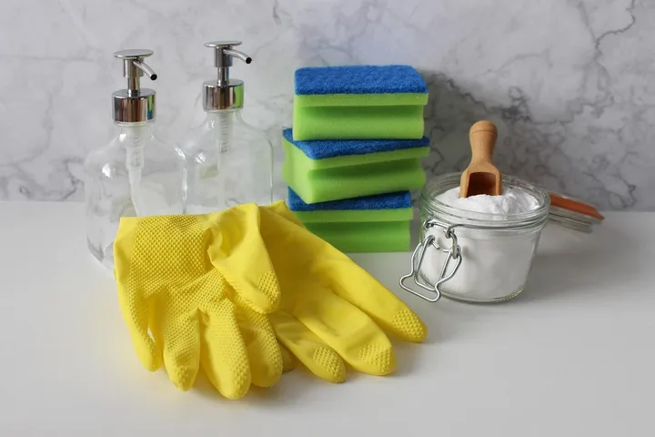 Cleaning supplies and toiletries ready for restocking